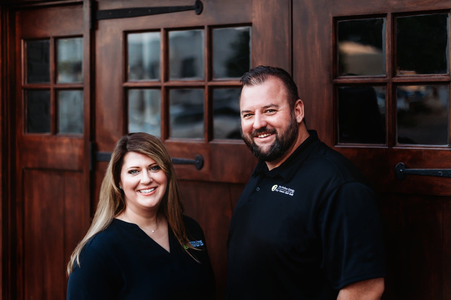 Earl and Stephanie Irvine, wooden-door session, black shirts — team couple photo