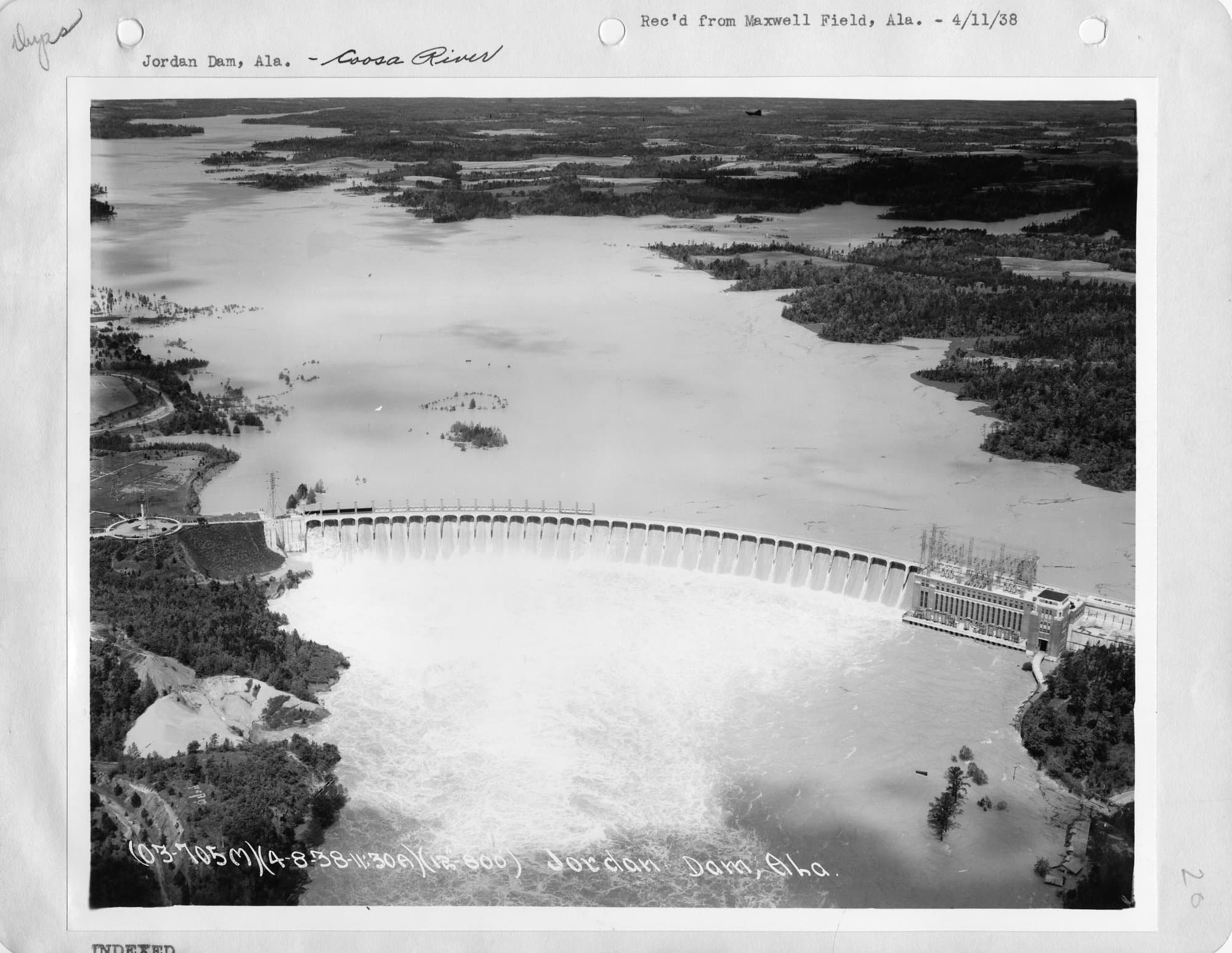 Historic 1938 aerial photograph of Jordan Dam and Lake Jordan on the Coosa River (National Archives)