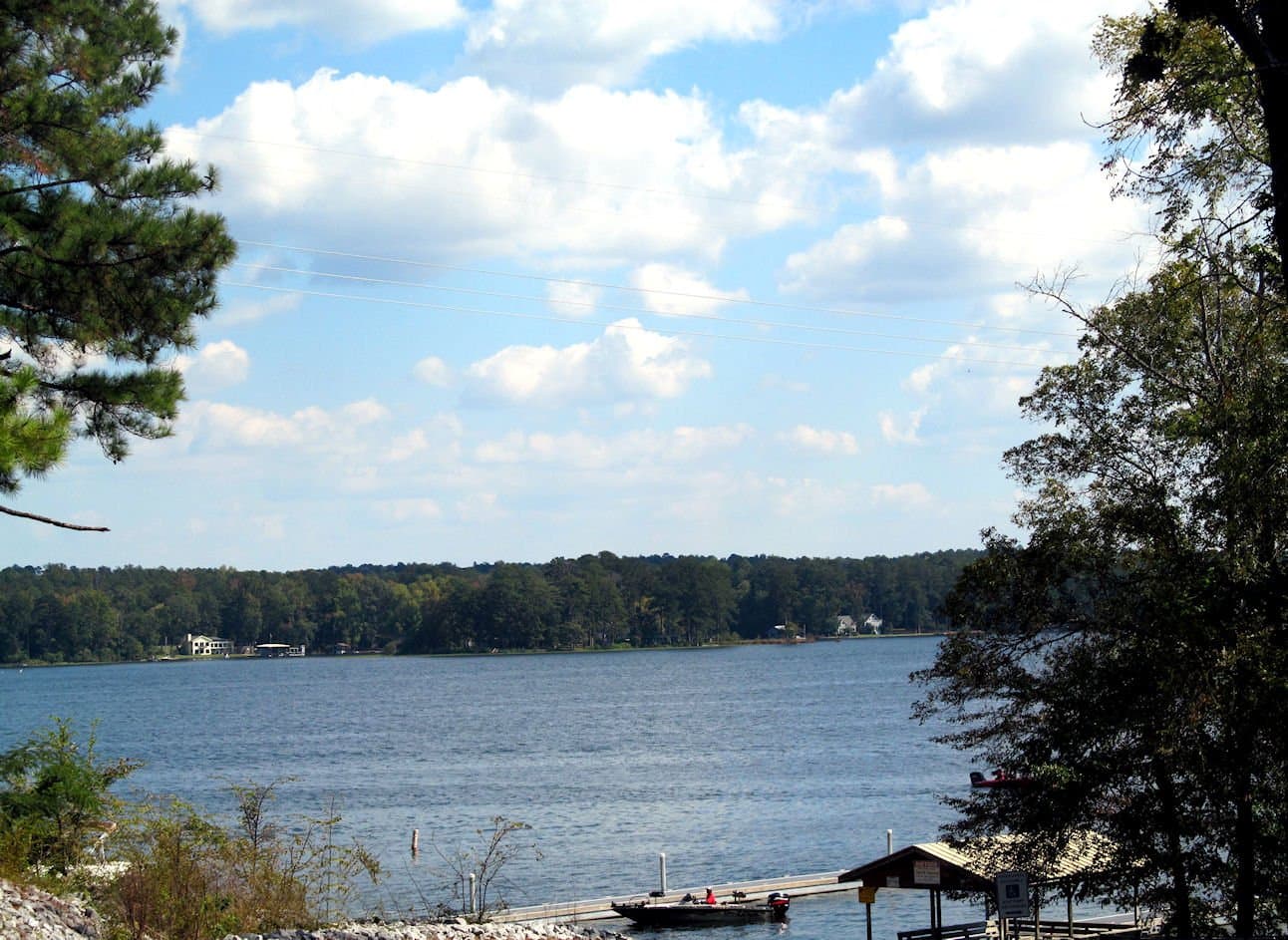 Open water and wooded shoreline seen from Bonner's Point near Holtville, Elmore County, Alabama