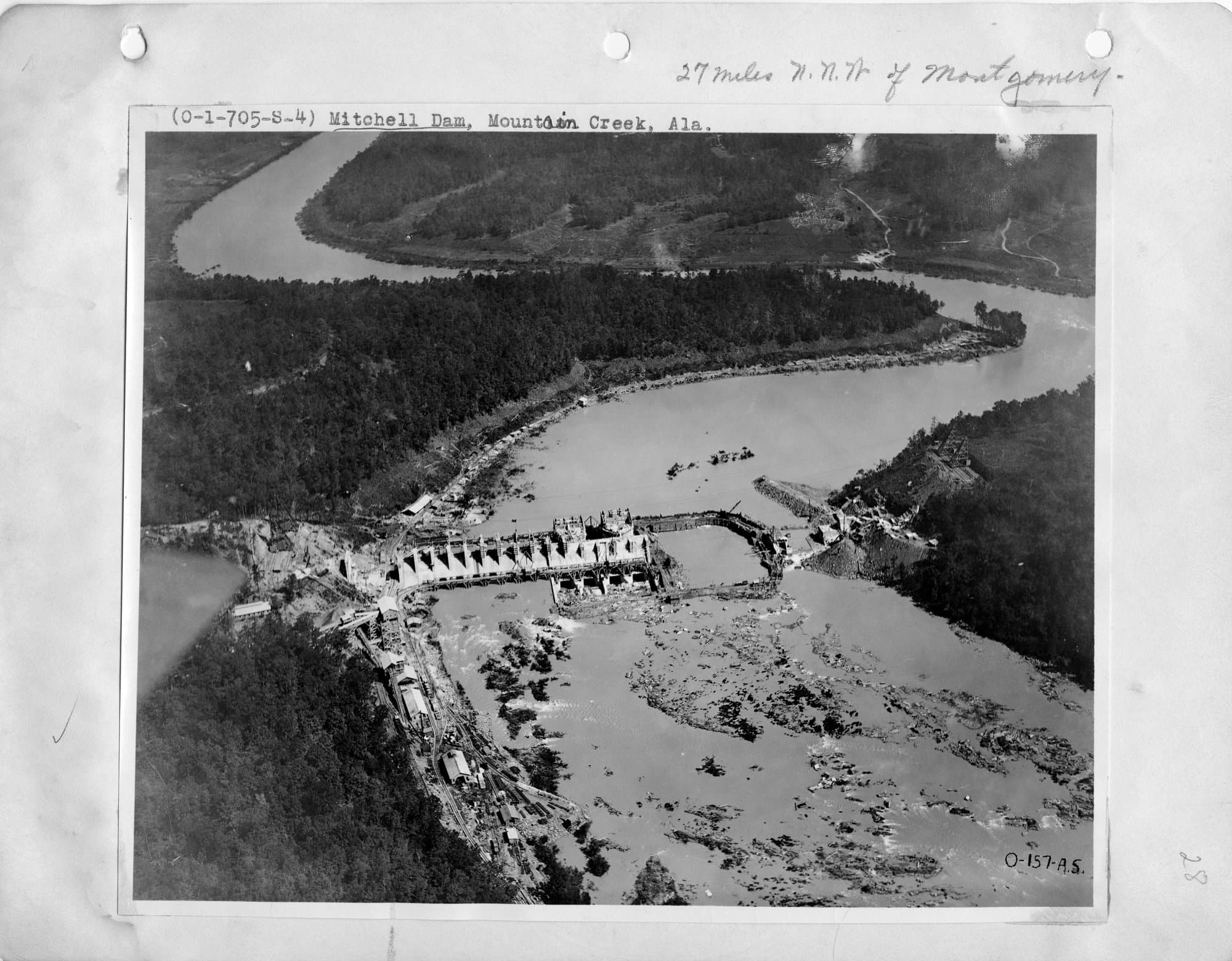 Historic aerial photograph of Mitchell Dam on the Coosa River at the Chilton and Coosa county line (National Archives, date not recorded)